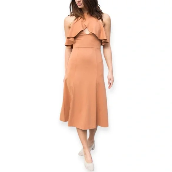 green emerald velvet dress OFF SHOULDER BUBBLE RUFFLE DETAIL FIT-AND-FLARE MIDI DRESS (RED) main image 1